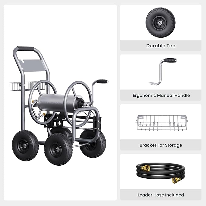 Giraffe Tools Garden Hose Reel Cart, Cart with Wheels Heavy Duty, Industrial Hose Reels for Outside, 250-Feet of 5/8" Hose Capacity, Hose Guide Pre-Installed