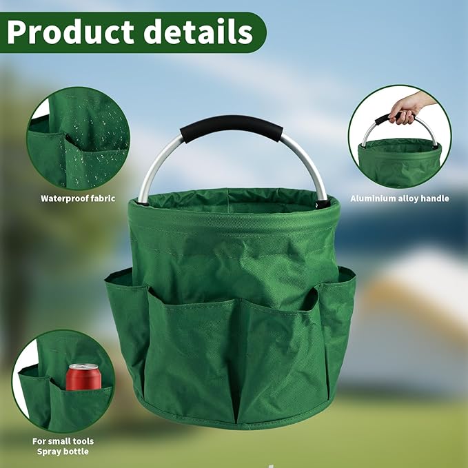 Gardening Storage Tote with Handle and 6 Pockets, Folding Garden Tool Basket 17L Large Capacity Cleaning Organizer Caddy Multifunctional Storage Basket Portable Gardening Caddy for Outdoor Indoor