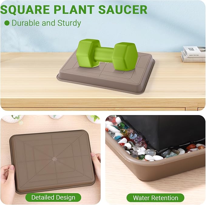 GREANER Brown Plant Saucers for Indoors, 11 Inch Heavy Duty Seedling Starter Trays No Holes, Pebble Tray for Plant Humidity(Set of 3)