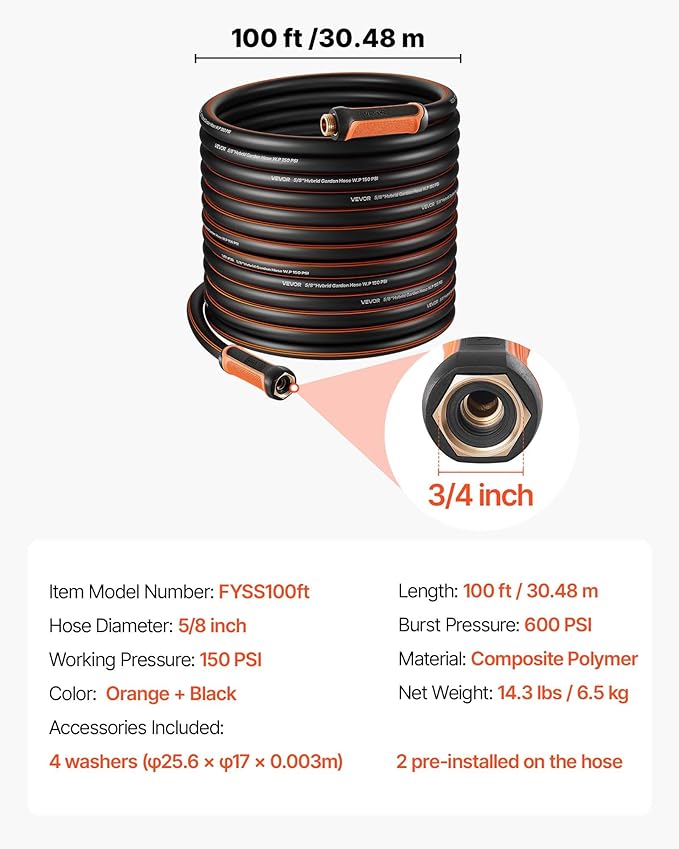 VEVOR Garden Hose, 100 ft 5/8" Heavy Duty 4-Layer Rubber Water Hose, 150PSI Working & 600PSI Burst, Flexible & Non-kink Outdoor Waterhose with 3/4" Fitting, Lightweight Hoses for Gardening Cleaning