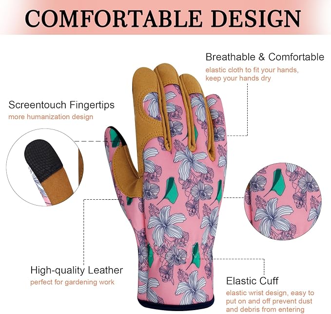 Leather Gardening Gloves for Women Thorn Proof Garden Gloves Touch Screen Working Gloves Gifts,M