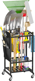 SUFAUY Garden Tool Organizer, Rolling Heavy-Duty Garage Tool Stand, Yard Storage Rack with Casters and Hooks, Black
