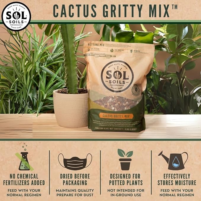 Sol Soils Cactus Soil Potting Mix - Fast Draining, Peat Moss Free, Gritty - 1 Quart - Coconut Husk, Granite, Calcined Clay, Pumice