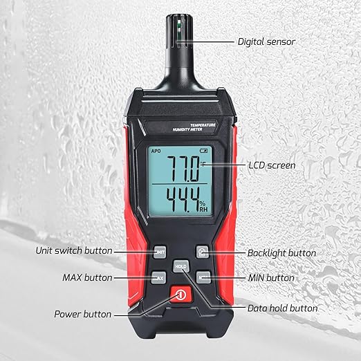 Humidity and Temperature Meter Digital Temperature&Humidity Meter, High Precision Psychrometer with 0-100% Relative Humidity, -4°F-140°F Ambient Temperature, Large LCD Backlight, Hold Max Min Display