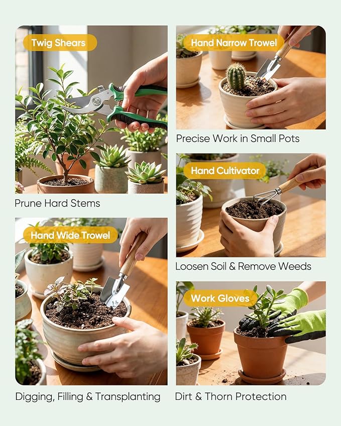 Genebo 7-Piece Gardening Tools Set, Gift for Women, Beginners, Tools Kit with Plant Repotting Mat & Tool Bag, Stainless Steel Gardening Hand Tools for Indoor Transplanting, Succulent Bonsai Plants