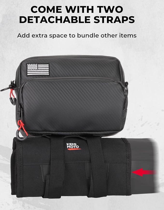 KEMIMOTO Motorcycle Handlebar Bag with Waterproof Cover Universal Bicycle Handle Bar Tool Bag for Front Fork Sissy Bar Compatible with Cruiser Softail Dyna Sportster Dirtbike Carbon Fiber