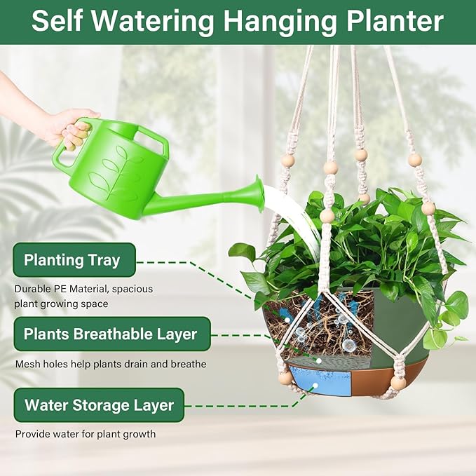 Hanging Planters for Indoor Plants, 2 Pack 10 Inch Self Watering Hanging Pots for Plants with Drainage Holes, Indoor Outdoor Hanging Flower Pots for Home Garden Ceiling Decor (Green)