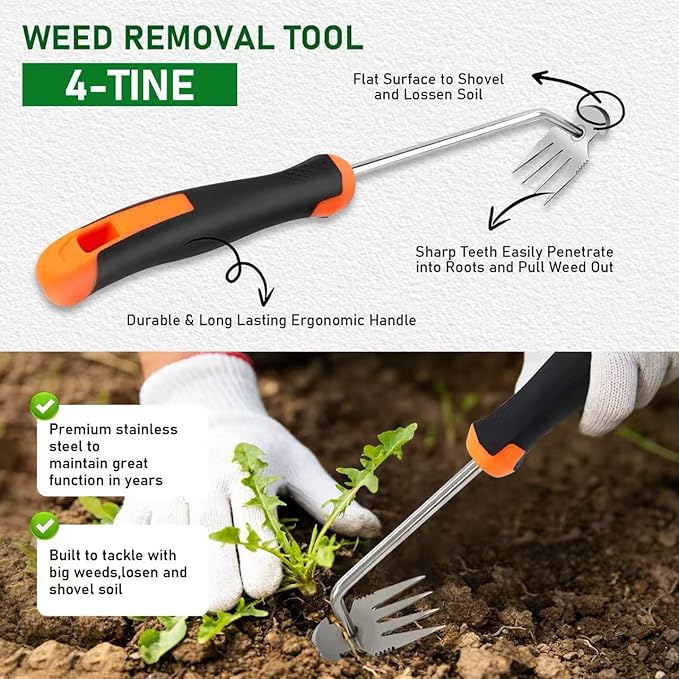 Weed Puller Tool, 2-in-1 Hand Weeder Tool with 4 Sharp Tines & Blade, Manganese Steel Garden Weed Remover, Ergonomic Handle Weeding Tool for Lawn, Yard,Vegetable Garden, Dandelion &Thistle Root Puller