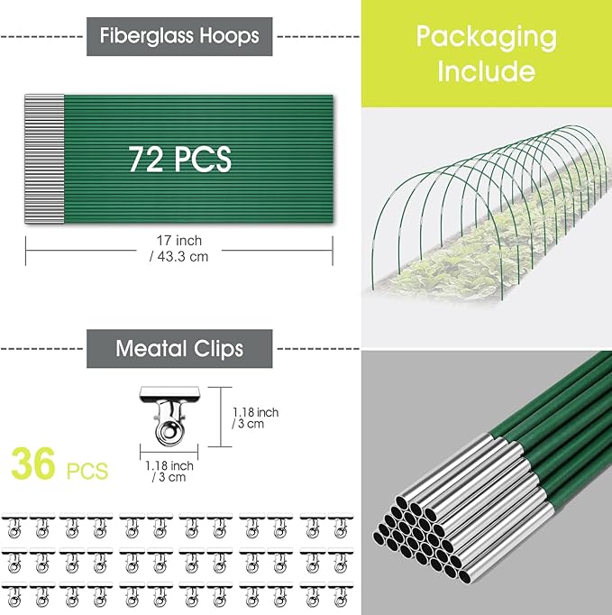 RIFNY 72 PCS Garden Hoops for Raised Beds, 12 Sets Greenhouse Hoops Kit of 8 FT Long Grow Tunnel, Rust-Free Fiberglass Garden Support Poles for Insect Mesh Netting Freeze Plant Cover (Green)