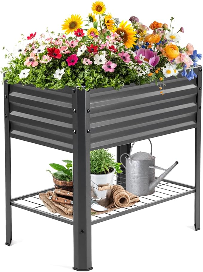 Raised Garden Bed with Legs and Shelf, 2pcs 31.8x20x31.5inches Elevated Metal Planter with Legs for Outdoor Vegetables and Herbs, Standing Raised Beds for Balcony, Patio, Lawn and Backyard
