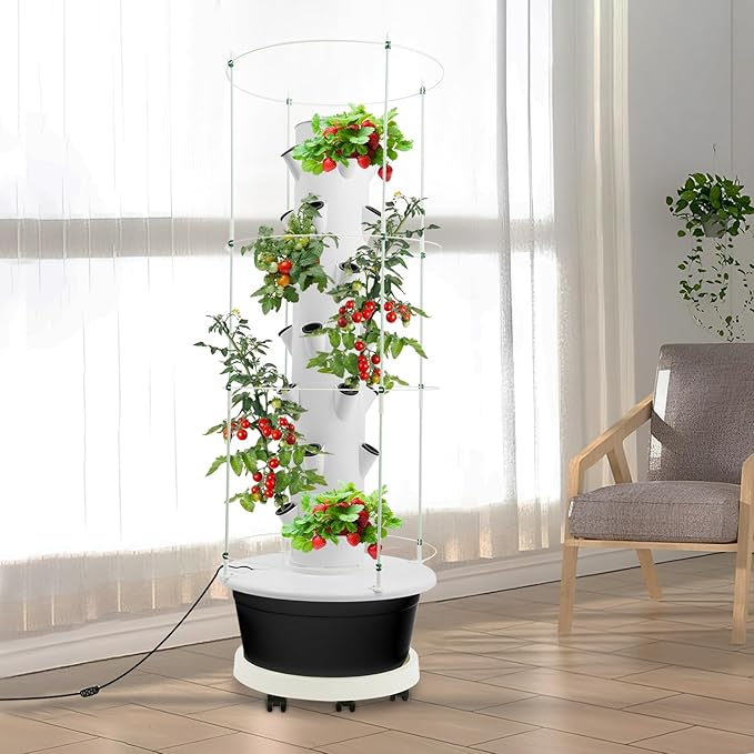 Hydroponics Growing System, 28-Plants Indoor Hydroponic Tower with Pump System, Timer, Climbing Trellis, Vertical Garden Planter with Wheels, Hydroponic Germination Kit for Gardening Lover