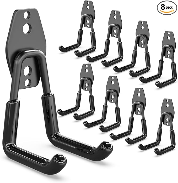 3-H Garage Wall Hooks Heavy Duty 8 Pack, Anti-Slip Steel Wall Mount Storage Hooks for Hanging Ladder Garden Yard Tools, Utility Organizer for Garage Lawn Shed(Black)