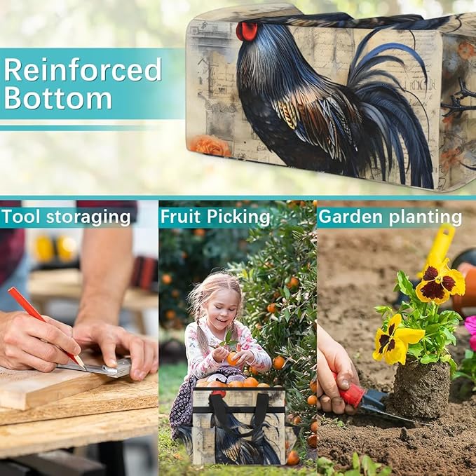 Garden Tool Bag Organizer Garden Tote Bag with Pockets Rooster Watercolor Flowers Tool Storage Organizer Gardening Tool Kit Holder 13" x 6.8" x 2.8"