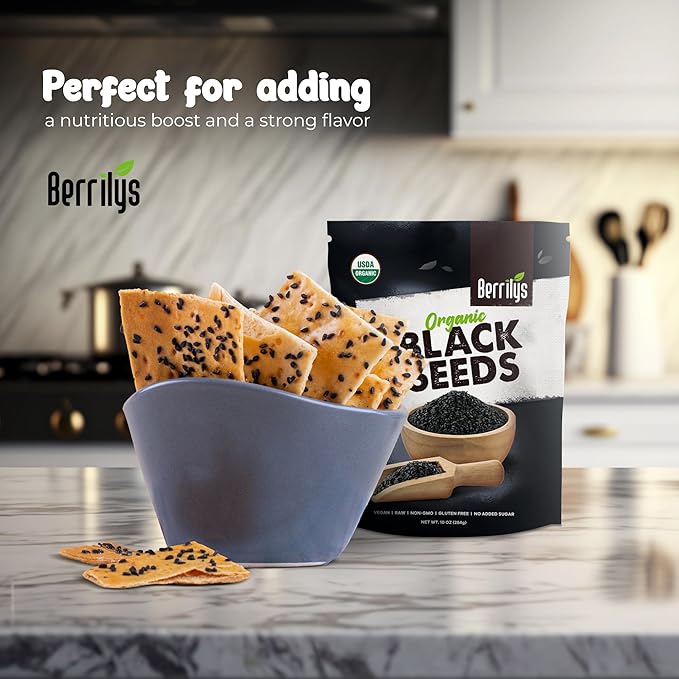 Berrilys Black Seeds - USDA Organic Nigella Sativa, Kalonji & Black Cumin Seeds, Vegan, Gluten-Free - Pure Spice & Health Food, Enhances Flavor of Dishes, Nutrient-Rich, Premium Quality - 10oz
