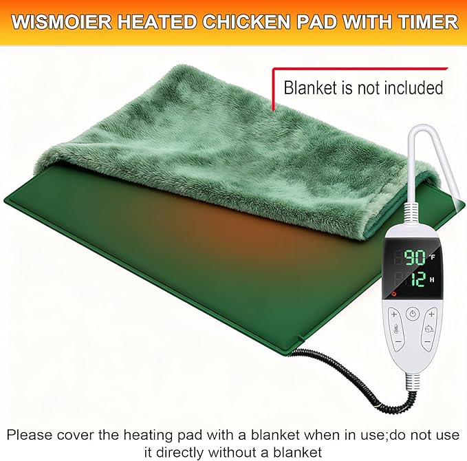 Chicken Heating Pad Chick Brooder Pad Poultry Heated Mat Adjustable Digital Thermostat Brood Heater Blanket with Timer Anti Bite Warmer Bed for Small Animal Pet 11.7 x 15.7 in Green
