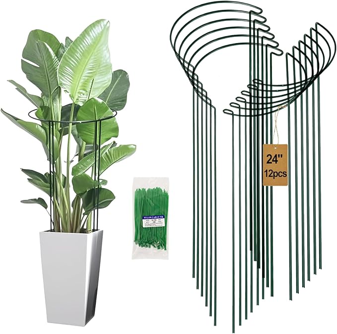24in Tall Heavy-Duty Plant Support Stakes, 12 Pack Adjustable Peony Cages & Supports for Outdoor Plants, Large Garden Plant Stakes for Peony, Tomato