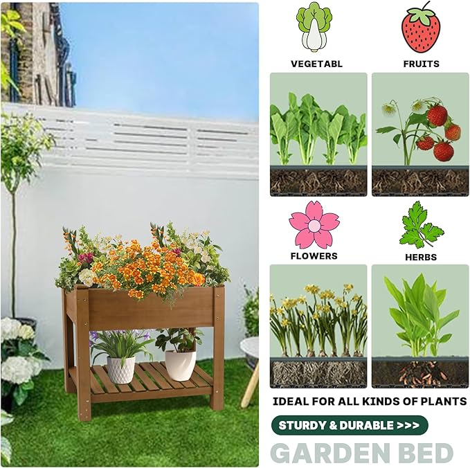 Raised Garden Bed Outdoor, Wooden Planter Boxes with Legs Protective Liner & Drainage Holes, Elevated Garden Flower Beds for Backyard Balcony, Gift for Gardening & Mother, 33.46'' X 17.9'' X 29.72''
