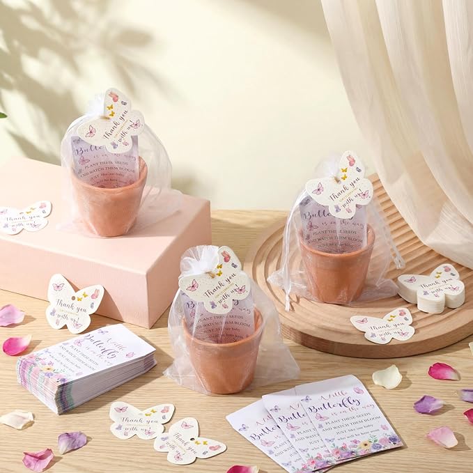 Ctosree 50 Sets Butterfly Baby Shower Party Favors for Guests A Little Butterfly Is on The Way Seed Packets Include Self-adhesive Seed Packets Flowerpot Thank You Tags Organza Bags for Baby Shower