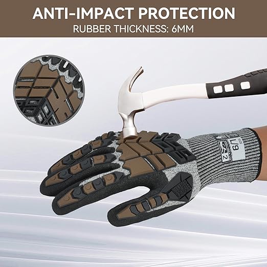 Safety Work Gloves, Impact Gloves for Men Women, Cut Resistant Non-Slip Heavy Duty Gloves with Nitrile Grip, Touch Screen Glove with Impact Protection for Mechanic Construction, X-Large, Brown