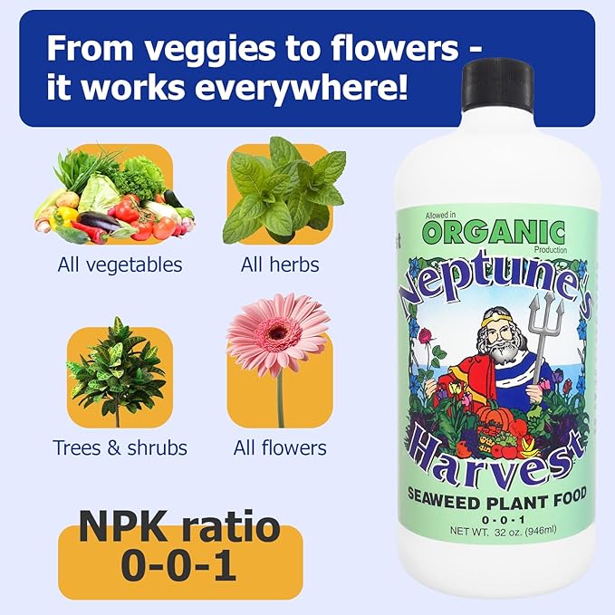 Neptune’s Harvest Seaweed Plant Food (0-0-1) - 32oz Bottle - Multi-Purpose Seaweed Organic Liquid Fertilizer - Indoor & Outdoor Plant Fertilizer for Lawns, Gardens, Vegetables, & Flowers