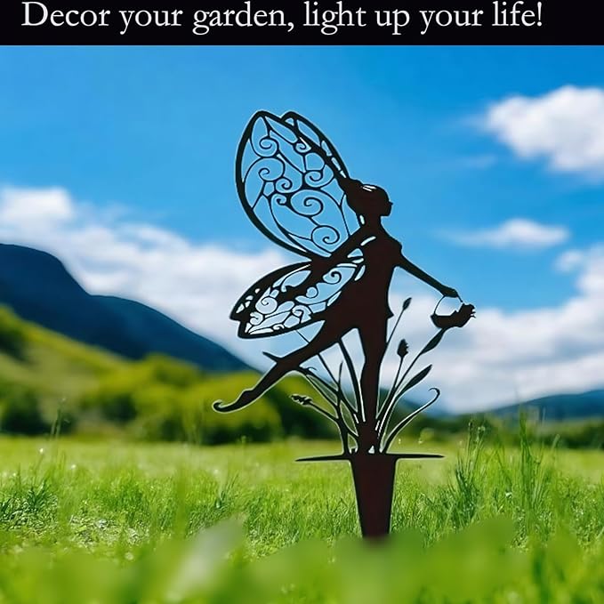 Decorative Garden Stakes，Fairy Garden Stakes Statues Metal Weather Resistant 3 Piece Outdoor Decorative Set Black (9 Pack A)