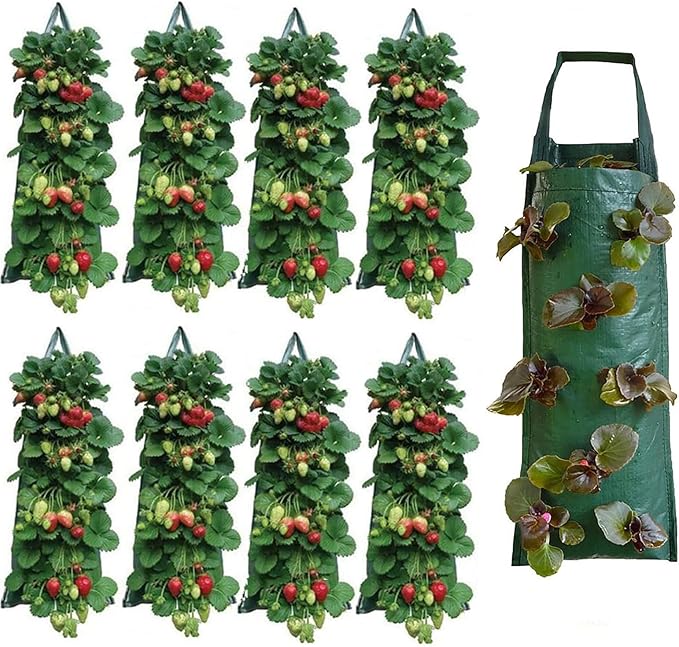 Hanging Strawberry Planter, Durable Thickened Aeration Fabric Grow Bags, Upside Down Vegetable Planter, Patio Garden Container with 8 Planting Holes and Reinforced Handles (9)