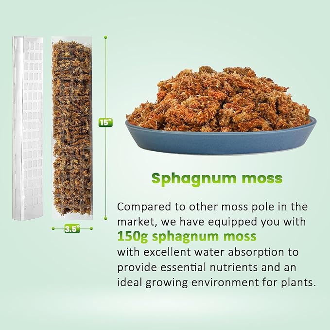 Bluepro 4 Pcs 15 Inch Plastic Moss Pole for Plants Monstera Set with 5.3oz/150g Sphagnum Moss, Plant Poles for Climbing Plants, Plant Support for Indoor Plants, Garden Ties