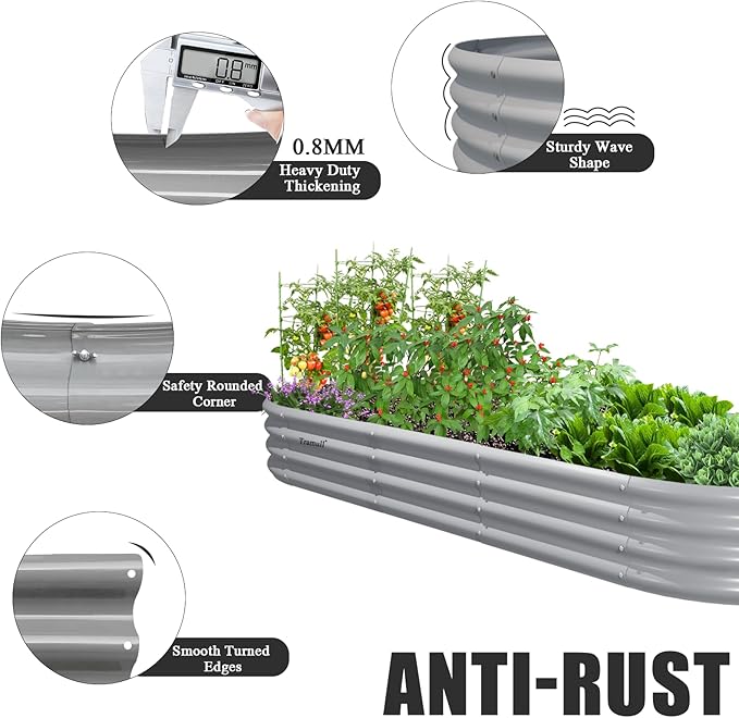6 Pack 8x3x1FT Galvanized Raised Garden Bed Kit Oval Metal Ground Planter Box Outdoor Bottomless Planter Raised Beds for Vegetables Flowers Herbs Fruits, Gray