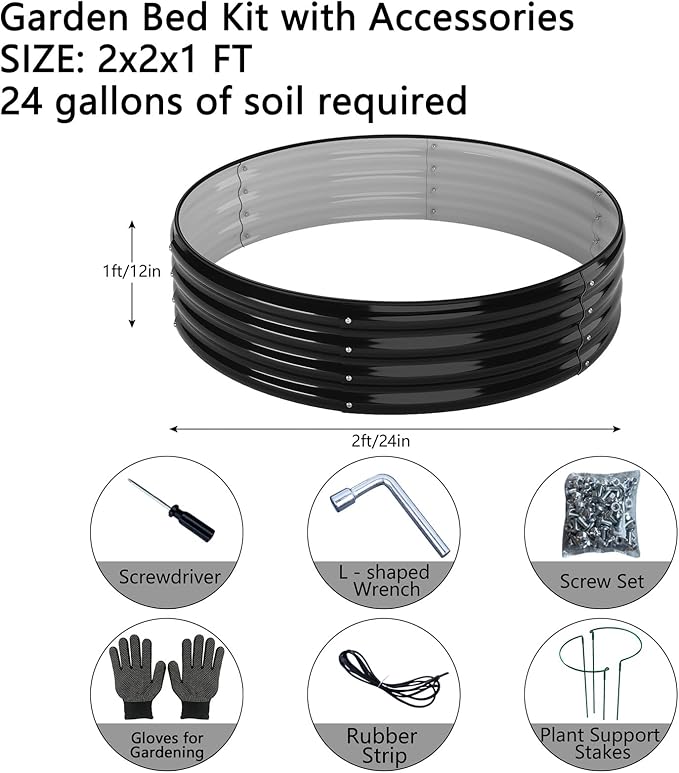ZFHgarden Galvanized Metal Planter Round Raised Garden Bed Kit for Gardening Outdoor，2x2x1ft Grow Garden Box Raised Flower Bed，Round Galvanized Planter Outdoor Metal Fire Pit Ring Black
