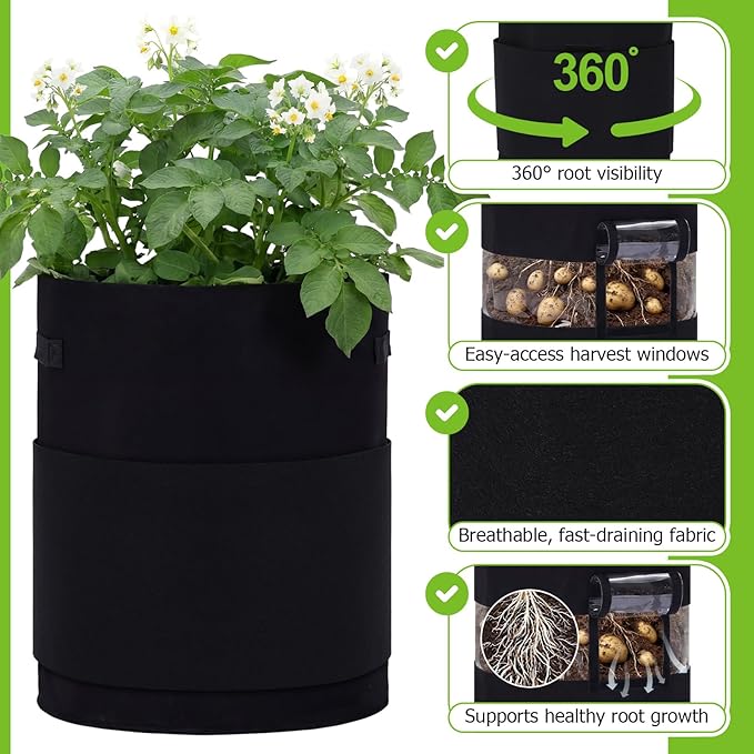 Baderke 2 Pack Visible Potato Grow Bags with Harvest Window, 360 Visibility Plant Grow Bags with Handles for Planting Potatoes, Tomatoes and Vegetables (20 Gallon,Black)