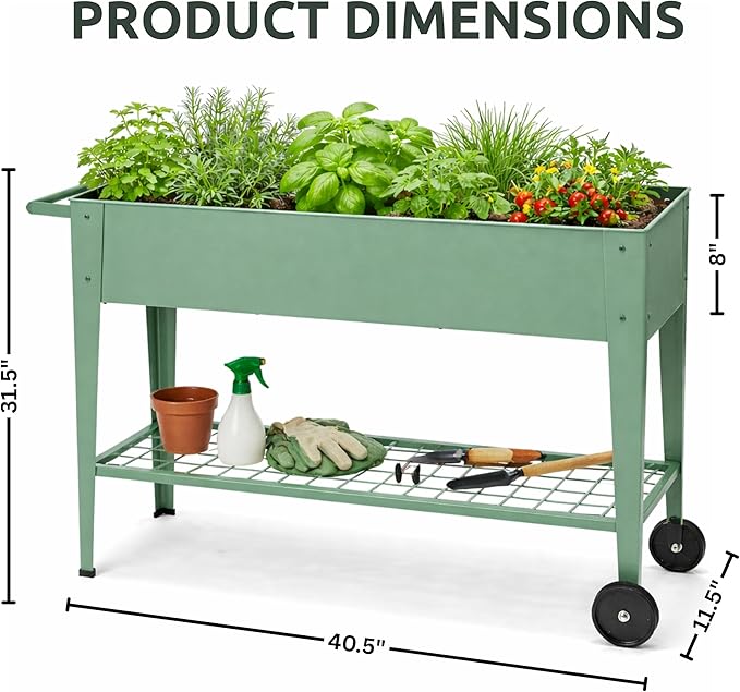InSideOut Elevated 40" Raised Garden Bed Outdoor with Wheels & Shelf for Mobility, Metal Planter Box for Vegetables/Herbs, Patio-Balcony-Backyard (Sage Green)