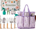 VerdantVibes Gardening Tool Set - 10 Piece Stainless Steel Garden Tools with Wood Handle, Pruners & Purple Lavender Print Tote Bag - Heavy Duty Gardening Gifts for Women Mom & Purple Lovers