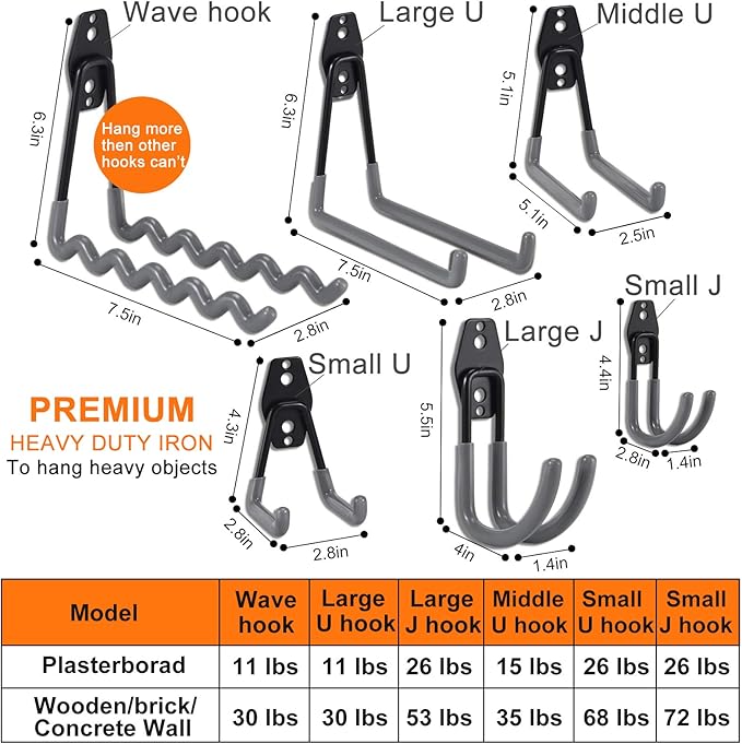 AOBEN 24PCS Garage Hooks, Heavy Duty Double Garage Hanger Organizer Wall Mount Iron Anti-Slip Garage Storage Hooks for Ladder, Power Tool,Bike,Ropes（23 Hooks & 1 hoder Strap-Gray