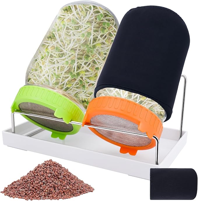 Seed Sprouting Kit with Radish 80g, 2 Large Wide Mouth Mason Jars with Sprout Lids, Blackout Sleeves, Drain Tray, Stainless Steel Stand, Sprouts Growing Kit for Growing Bean Alfalfa Sprout Seeds