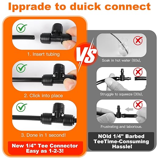 Quick-Connect Drip Irrigation Tee Connectors - 15 Pack Drip Irrigation Tee Fittings for 1/4 Inch Irrigation Tubing，15 End Plugs for Leak-Free Solutions in Sprinkler & Drip Irrigation Systems