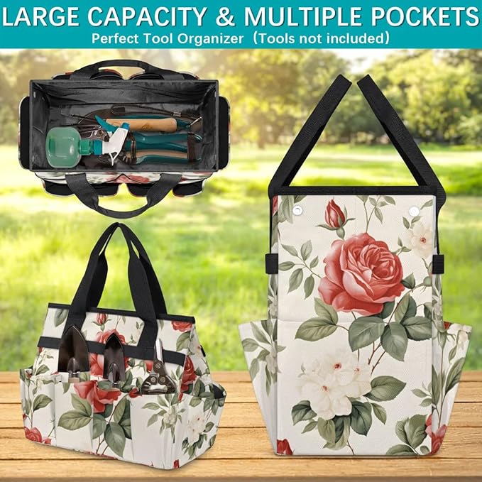 Garden Tool Bag Organizer Garden Tote Bag with Pockets Rose Pattern Tool Storage Organizer Gardening Tool Kit Holder 13" x 6.8" x 2.8"