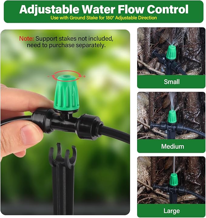 Kalolary 30Pcs Push-to-Fit Drip Irrigation Spray Emitters for 1/4" Tubing,Three-Way Adjustable Atomizing Nozzle Micro Irrigation Dripper Sprinklers with 6PCS End Plugs for Irrigation System(Green)