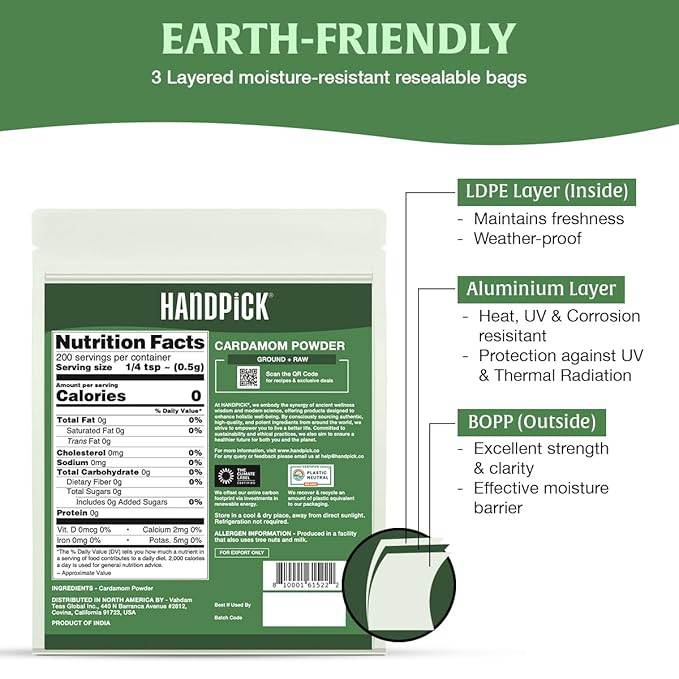 HANDPICK Cardamom Powder (100g/3.53oz) Gluten Free, Raw Ground Elaichi for Cooking, Smoothies, Lattes, Masala Tea, Packed in Resealable Zip Lock Pouch
