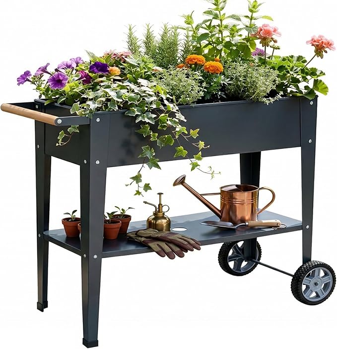 Raised Garden Bed Outdoor with Wheels, Leg and Wooden Handle, 36.2x13.4x32.3in, 400lb Cap, Metal Elevated Raised Planter Box for Herb, Vegetable, Perfect for Backyard, Balcony, Light Black