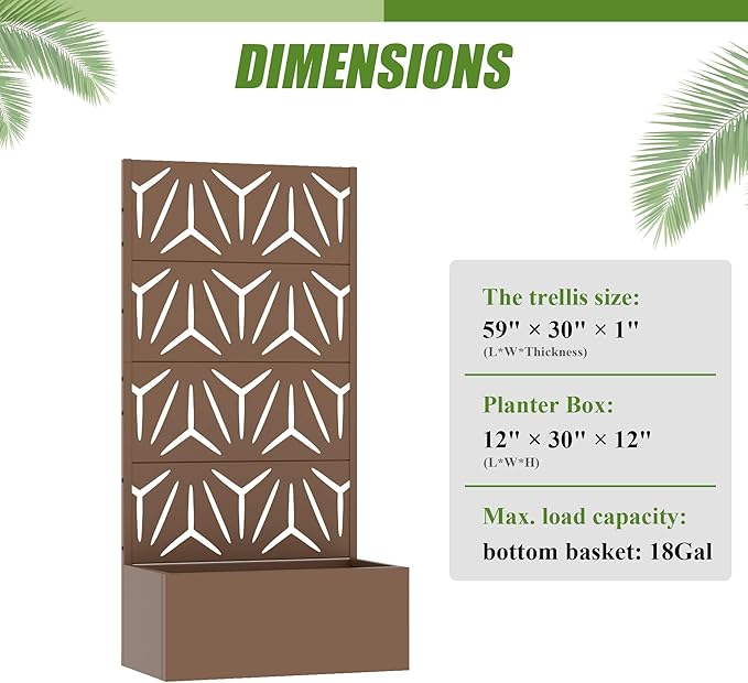 Casaphoria Metal Raised Garden Bed with Trellis, 59"x30"x12" Planter Box for Climbing Plants, Vegetables & Vines, Features Drainage Holes and Privacy Screen, Brown-Star