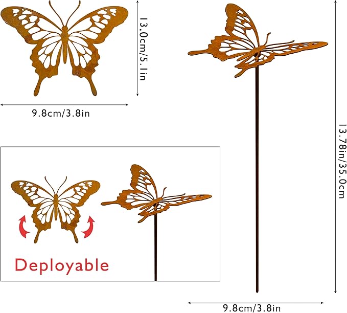 3 Pcs Rusty Metal Butterfly Garden Stakes - Rustic Outdoor Decor for Plant Pot, Lawns, Patio & Outdoor | Vintage Decorative Butterfly Garden Stakes for Patio Yard Porch Backyard Outdoor Décor