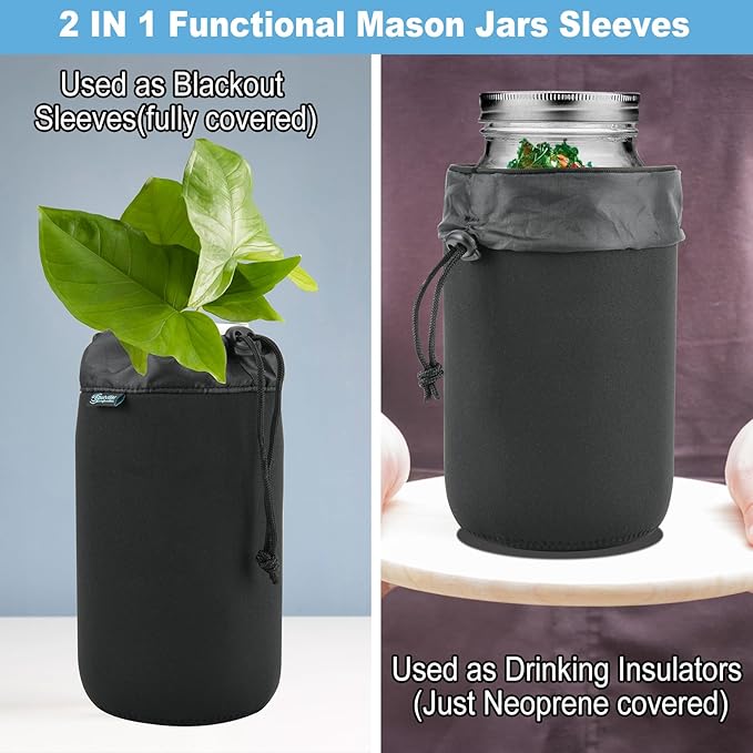 Beautyflier 64oz Mason Jar Wide Mouth Shade Cover Sleeves, Large Half Gallon Mason Jars Sprouting Covers Drinking Glass Insulators Coolers 2 Quart Sprouting Jars Blackout Sleeve, Black, 2PCS