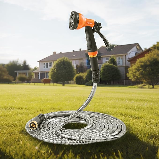 VEVOR Garden Hose Metal 50FT – Heavy Duty Stainless Steel Water Hose, Flexible, No Kink & Tangle, Puncture Resistant & Rust Proof, Lightweight w/ 10-Function Spray Nozzle for Yard, Outdoor, Gardening