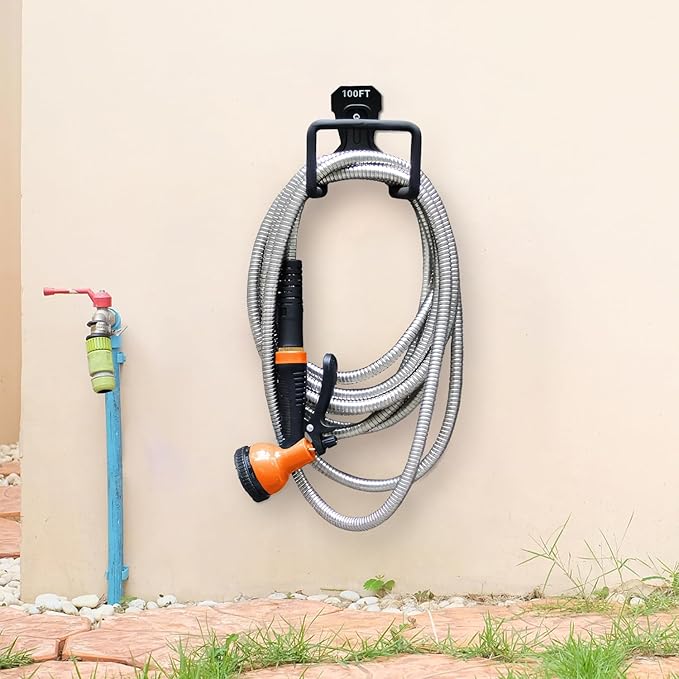 Garden Hose 100FT Stainless Steel Water Hose with 10 Functions Adjustable Spray Nozzle, Heavy-Duty Metal Garden Hose Flexible Durable No-Tangle & Kink Leak Dog Proof Hose for Yard Lawn(Orange)