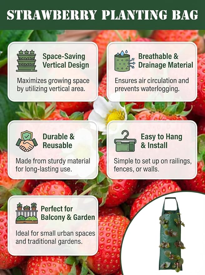 Hanging Strawberry Planter, Durable Thickened Aeration Fabric Grow Bags, Upside Down Vegetable Planter, Patio Garden Container with 8 Planting Holes and Reinforced Handles (9)