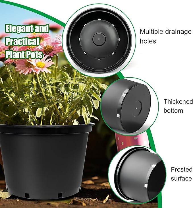 RooTrimmer 7 Gallon Plastic Nursery Pots, 15 Inch Large Plastic Pots for Plants, Round Plant Pots with Drainage Holes, Flower Pots for Outdoor Indoor Plants, Gardening Gifts for Women (5-Pack, Black)