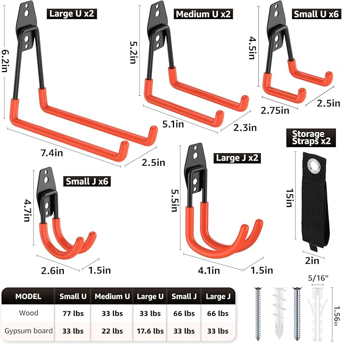 20 Pack Garage Hooks, Heavy Duty Steel Wall Mount Utility Hangers with Anti-Slip Coating for Hanging Bikes, Ladders, Power Tools, and Garden Equipment