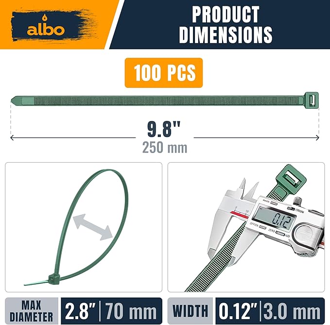 ALBO 10 Inch Green Zip Ties – Green Cable Ties for Indoor and Outdoor Use, UV Resistant Tie Wraps for Wires, Cables, Floral Arrangements, and Garland, 100 Pack