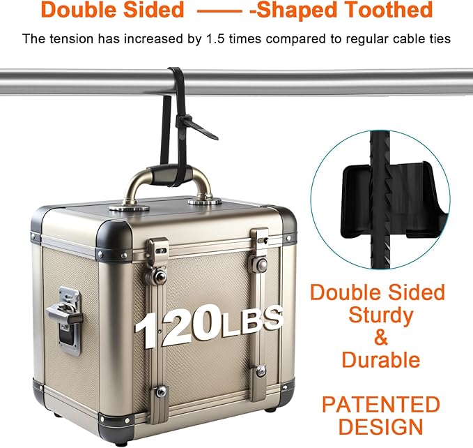 18" ─-double-sided tooth zip ties black. ─: 120lbs tensile strength. Heavy-duty, self-locking, adjustable, durable nylon ties for indoor/outdoor use. (100Pack black)