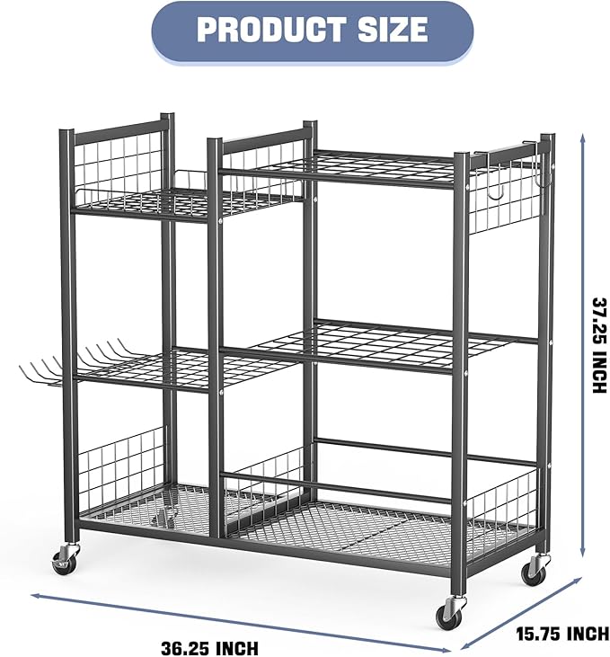 WALMANN Large Garden Tool Organizer with Wheels for Garage, Rakes/Shovels/Yard Tools Storage Stand for Yard, Garden, Indoor/Outdoor Long-Handled Tools Rolling Cart(Tool stand with shelves)